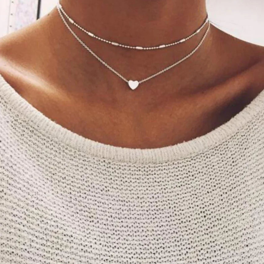 Double Layer Pearl Choker – Heart Pendant Necklace for Women
