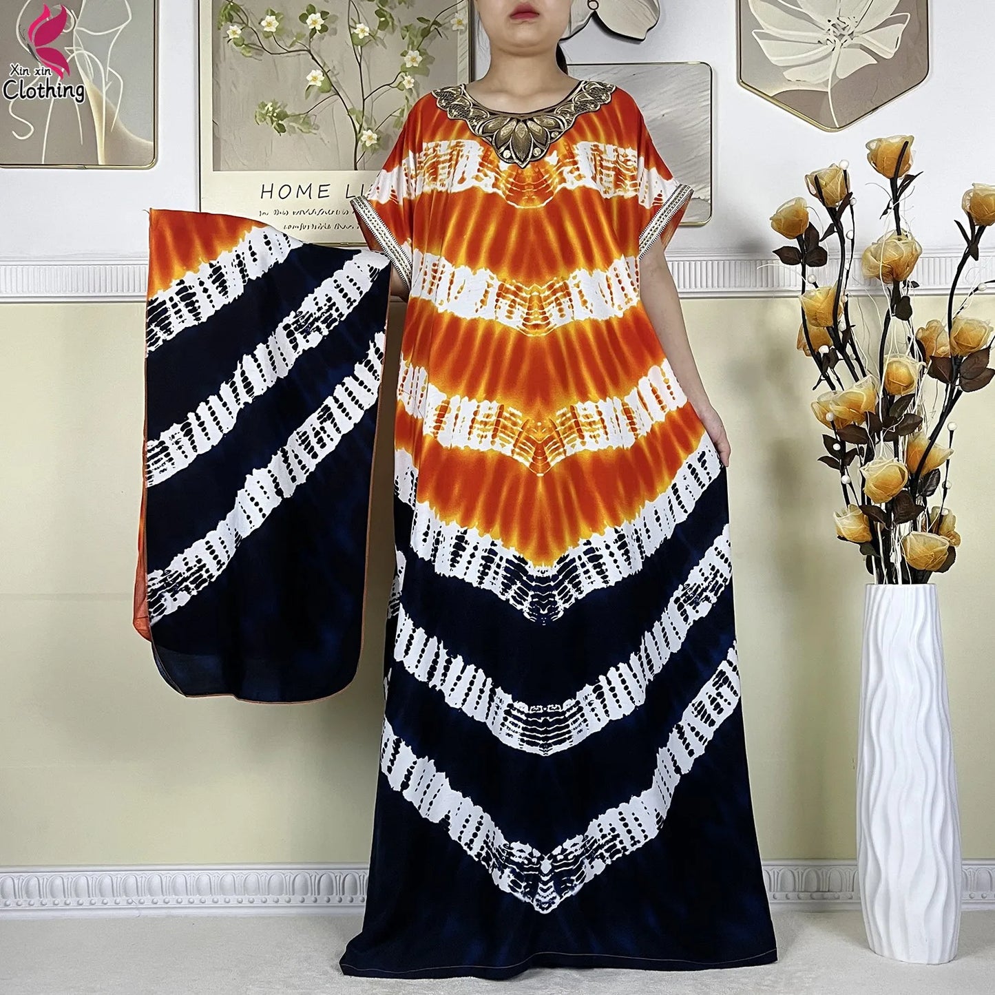 Zahra Cotton Abaya – Summer Dashiki Dress with Matching Scarf