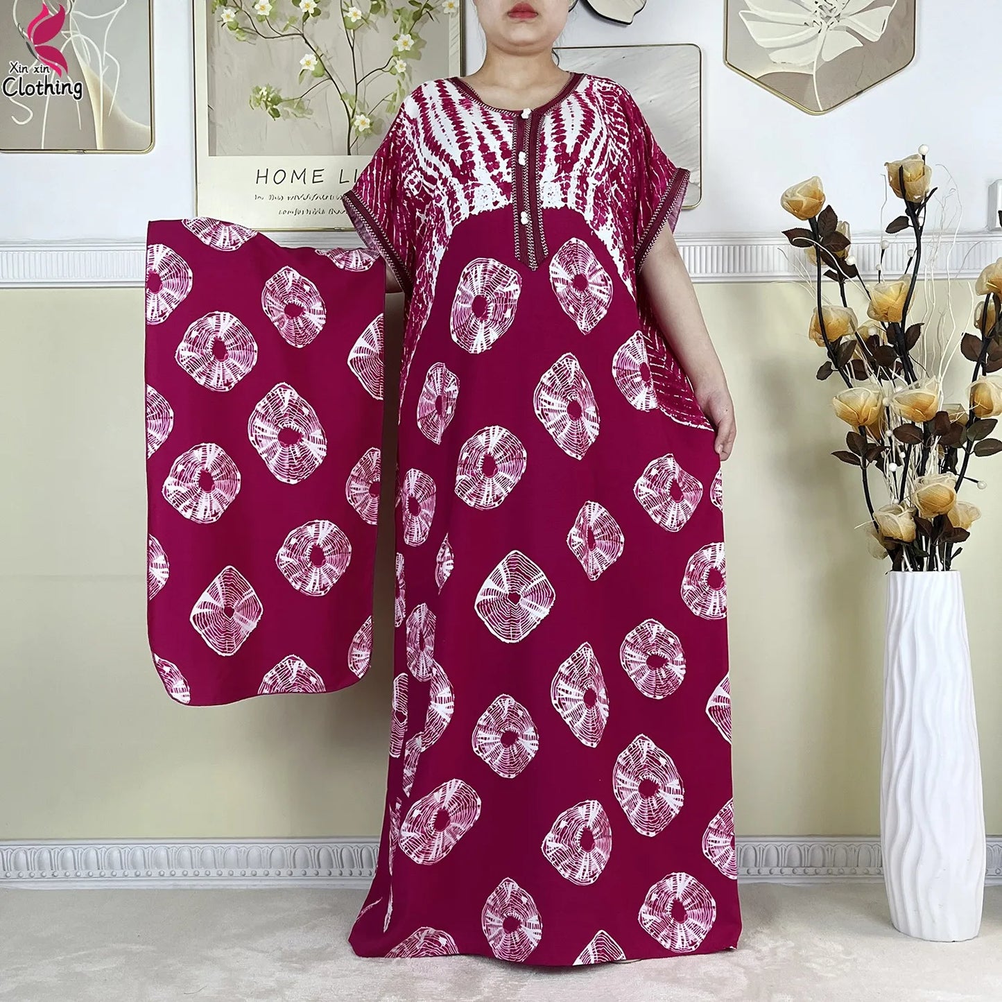 Zahra Cotton Abaya – Summer Dashiki Dress with Matching Scarf