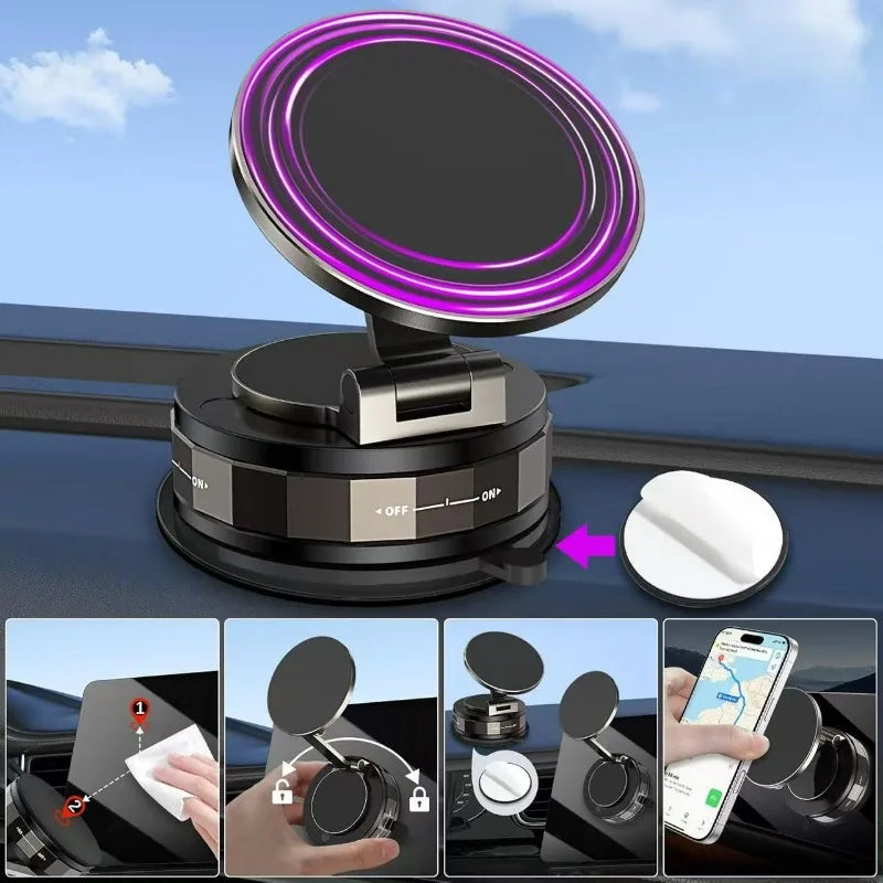 360° Magnetic Car Phone Holder – Foldable, Strong Suction Mount for Dashboard, Glass & Tile