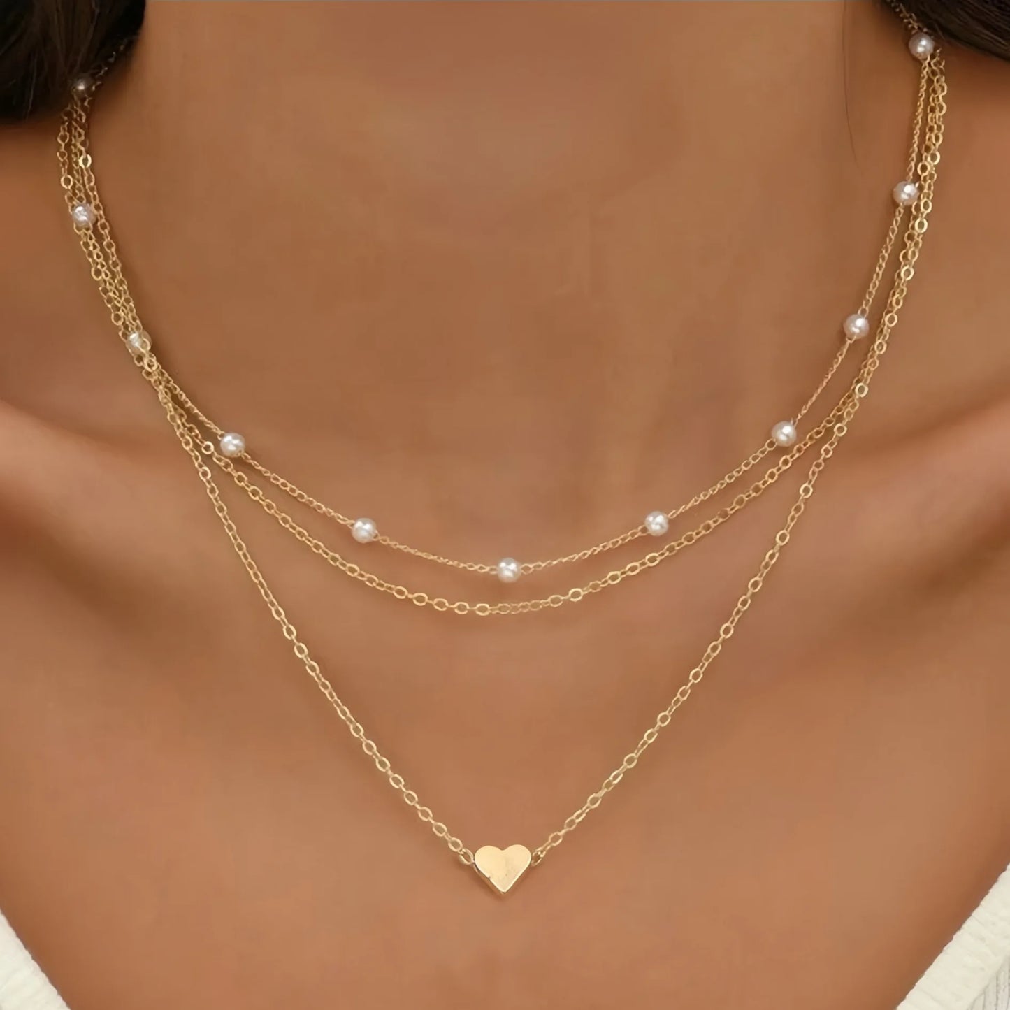 Double Layer Pearl Choker – Heart Pendant Necklace for Women