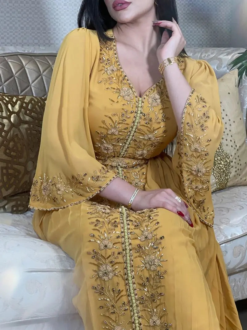 Diamond Embroidered Evening Kaftan – Belted Maxi Dress with Luxe Details
