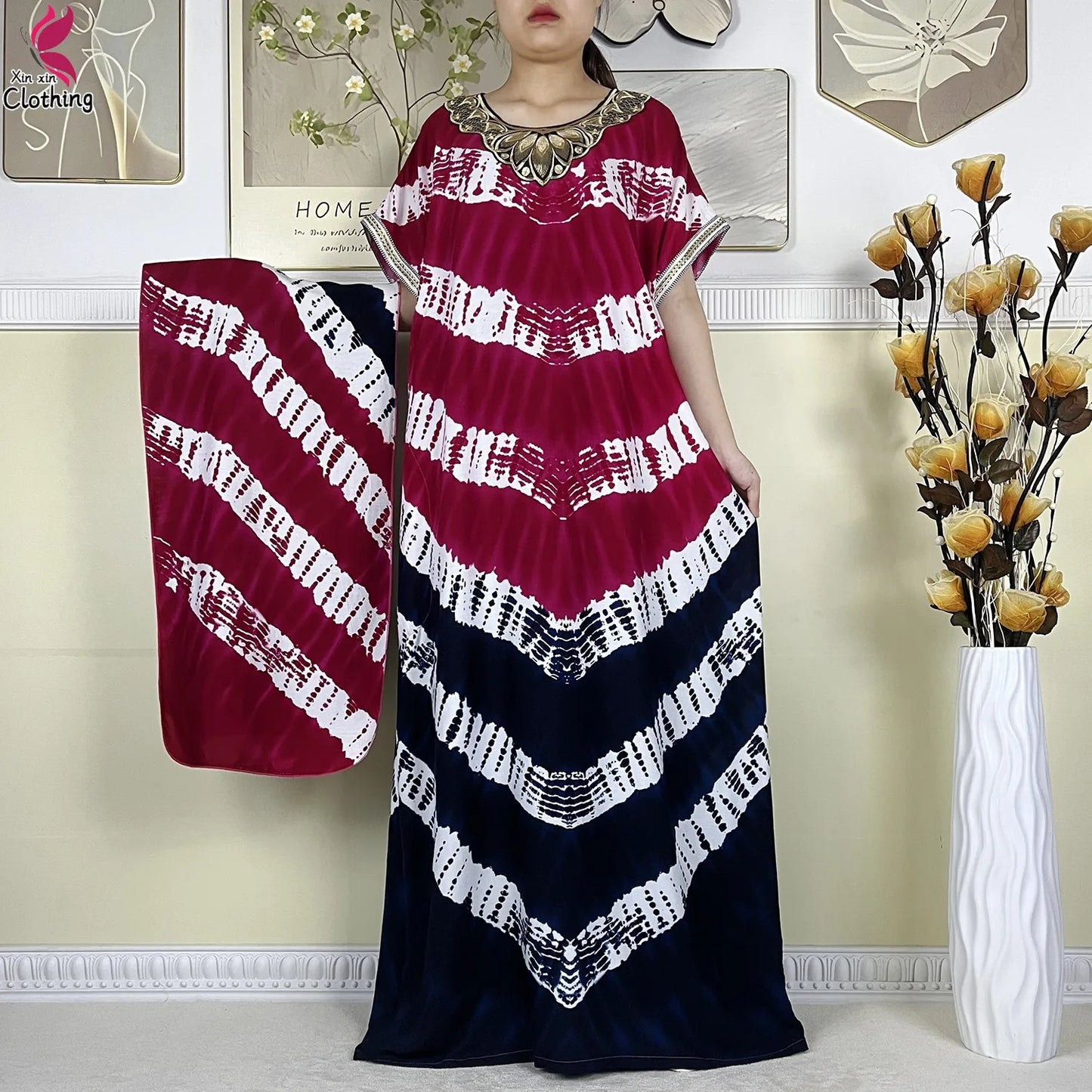 Zahra Cotton Abaya – Summer Dashiki Dress with Matching Scarf