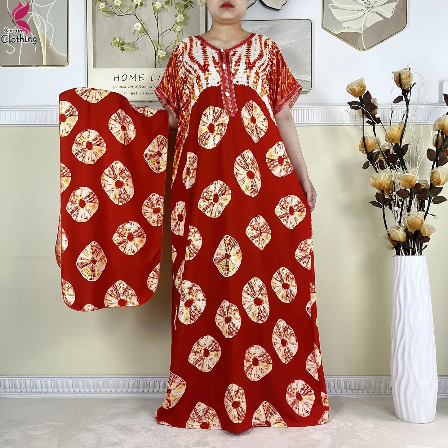 Zahra Cotton Abaya – Summer Dashiki Dress with Matching Scarf