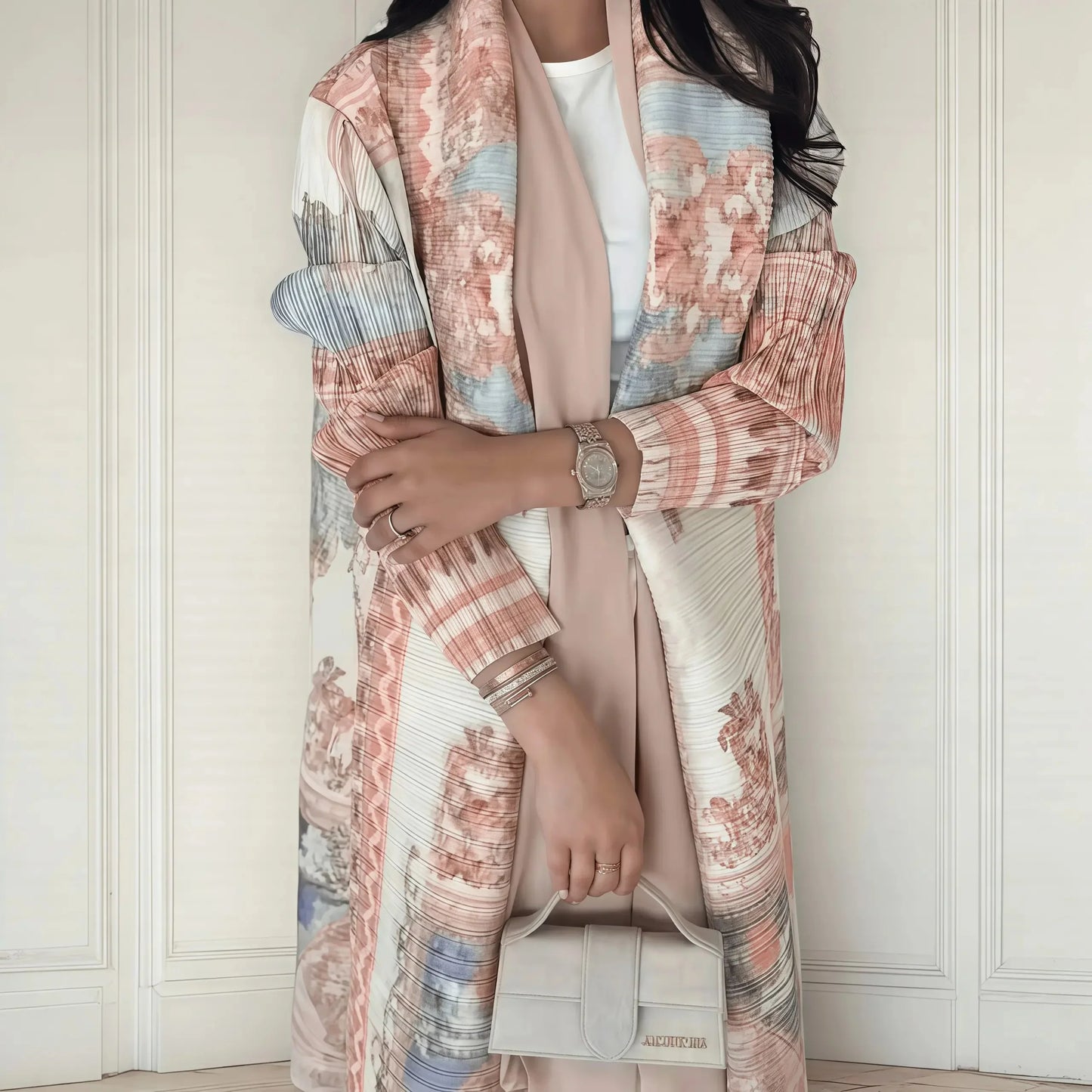 New Season Modest Long Coat – Printed Abaya Style with Waist Tie