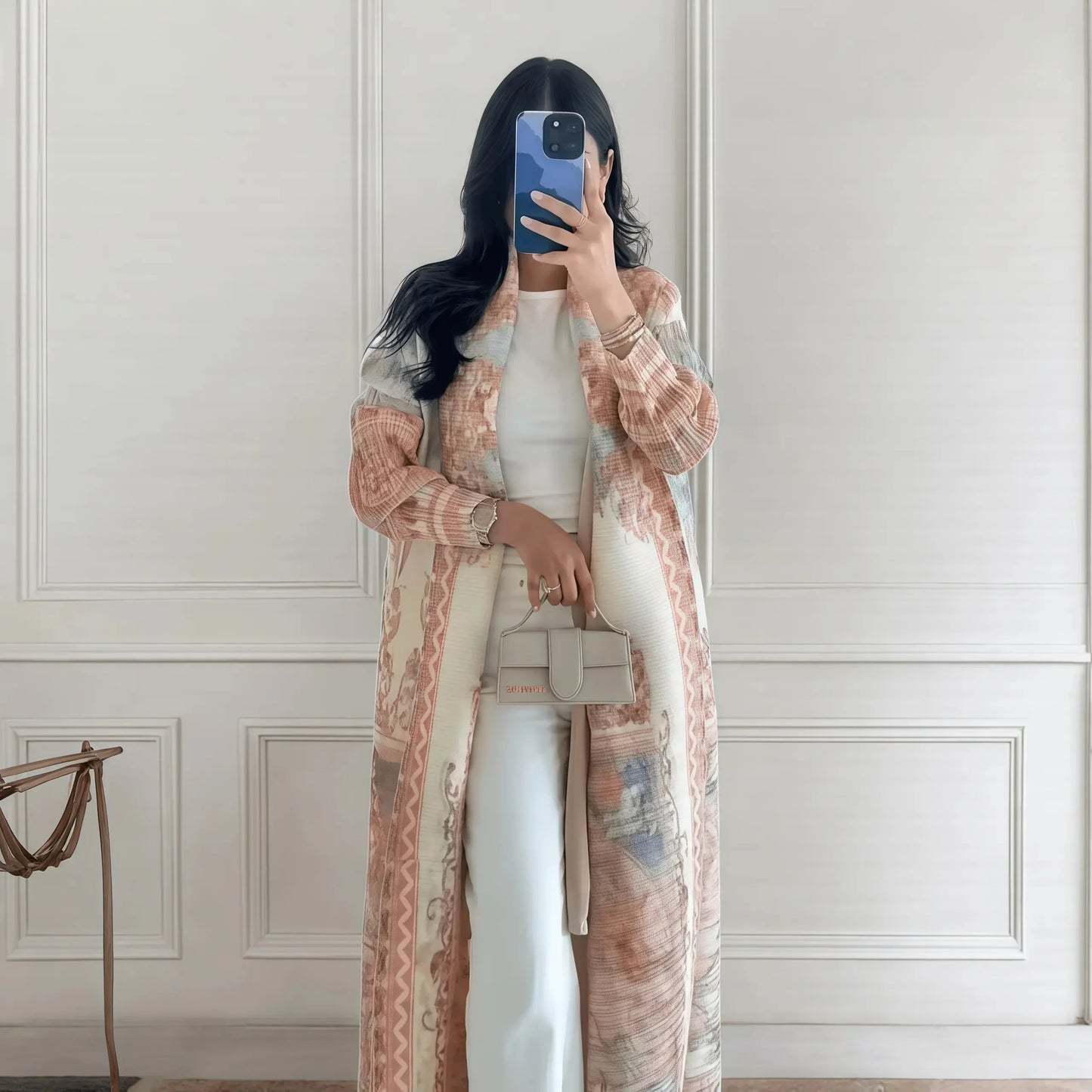 New Season Modest Long Coat – Printed Abaya Style with Waist Tie