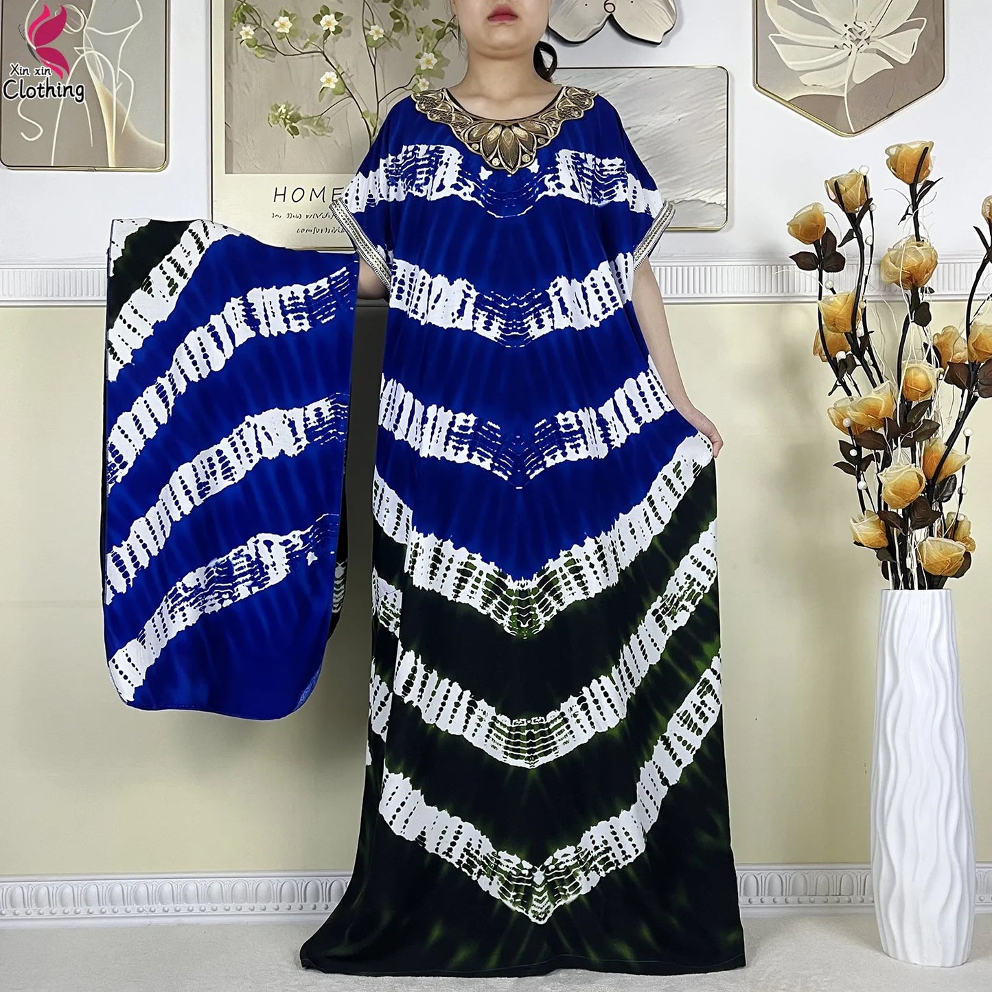 Zahra Cotton Abaya – Summer Dashiki Dress with Matching Scarf