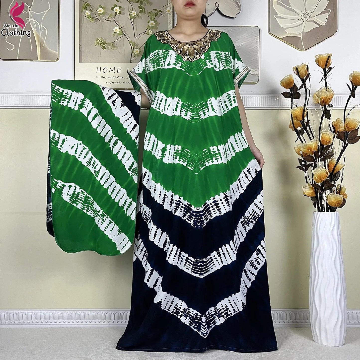 Zahra Cotton Abaya – Summer Dashiki Dress with Matching Scarf