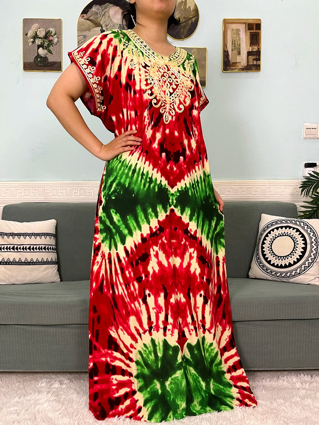 🌸 2024 Cotton Printed Caftan with Headscarf – Elegant & Effortless
