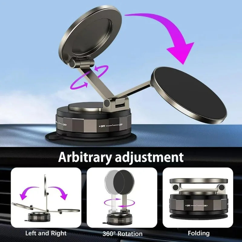 360° Magnetic Car Phone Holder – Foldable, Strong Suction Mount for Dashboard, Glass & Tile