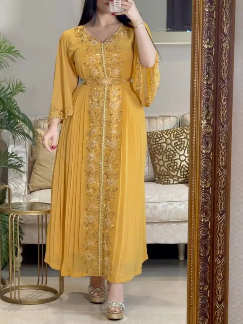 Diamond Embroidered Evening Kaftan – Belted Maxi Dress with Luxe Details