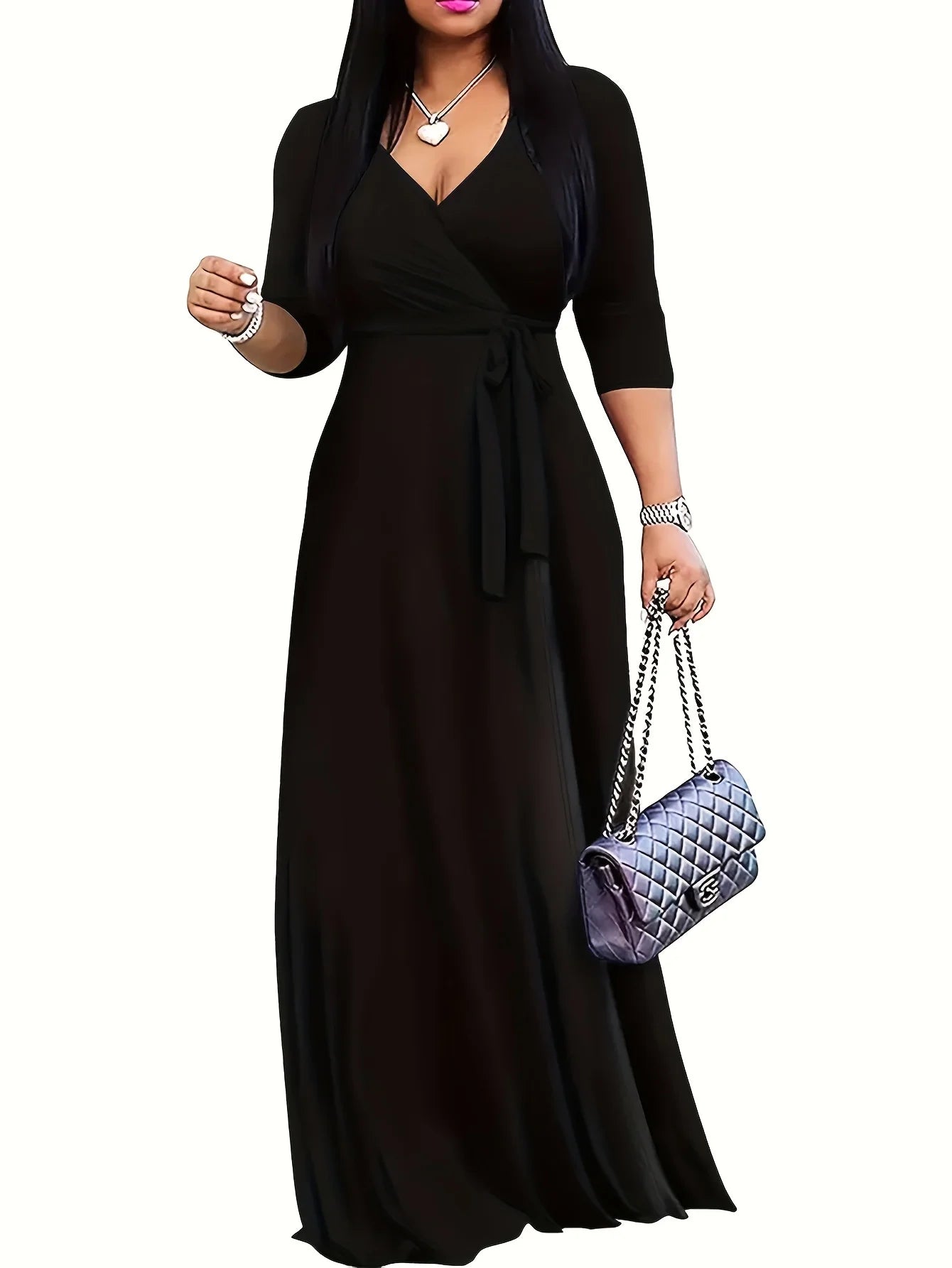 🌸 Boho Floral Maxi Dress – V-Neck, 3/4 Sleeve & Beachy Elegance