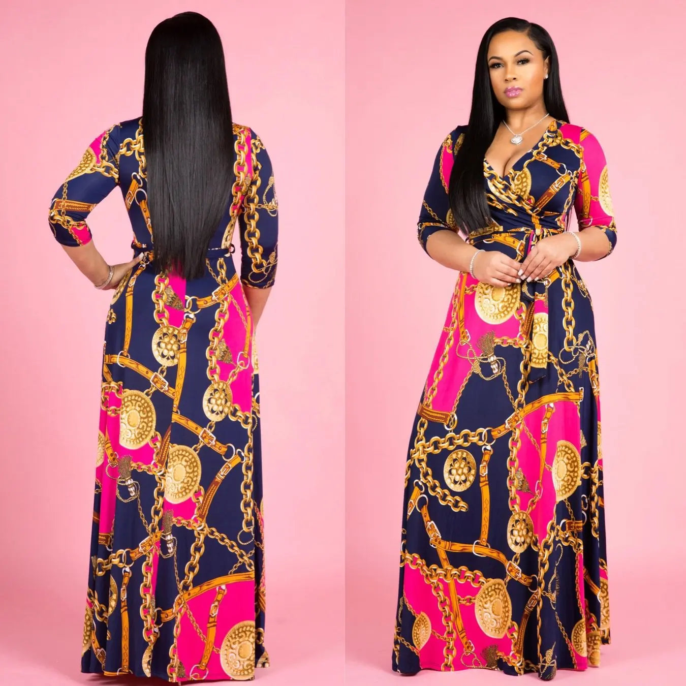 🌸 Boho Floral Maxi Dress – V-Neck, 3/4 Sleeve & Beachy Elegance