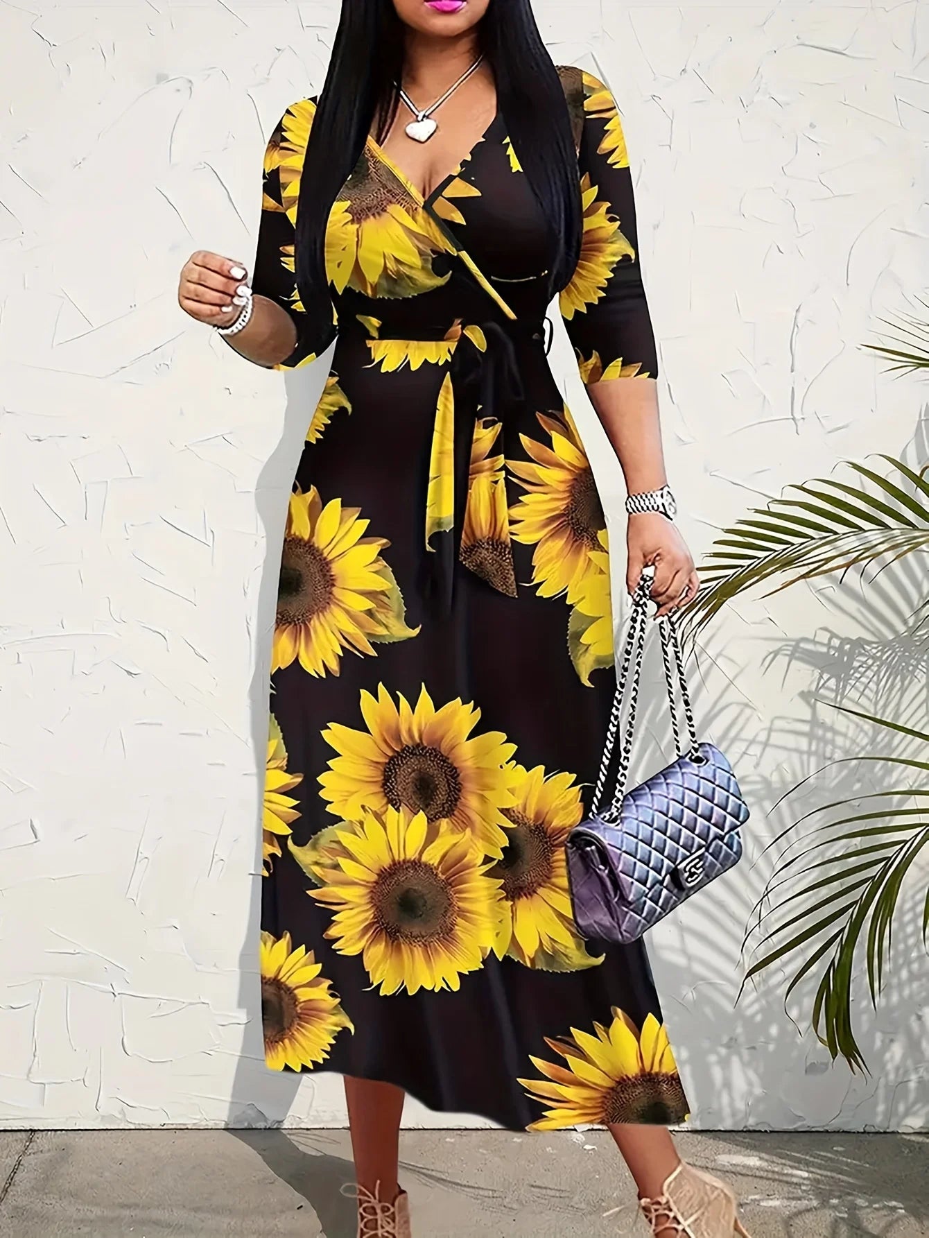 🌸 Boho Floral Maxi Dress – V-Neck, 3/4 Sleeve & Beachy Elegance