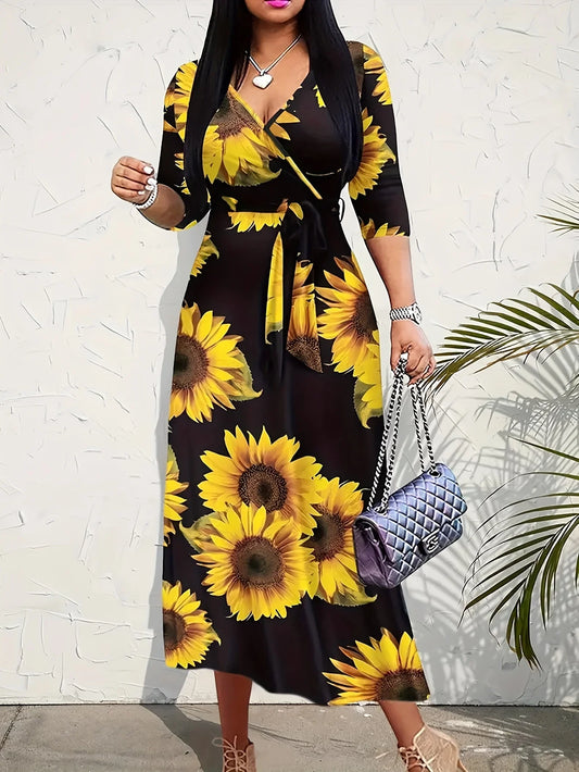 🌸 Boho Floral Maxi Dress – V-Neck, 3/4 Sleeve & Beachy Elegance