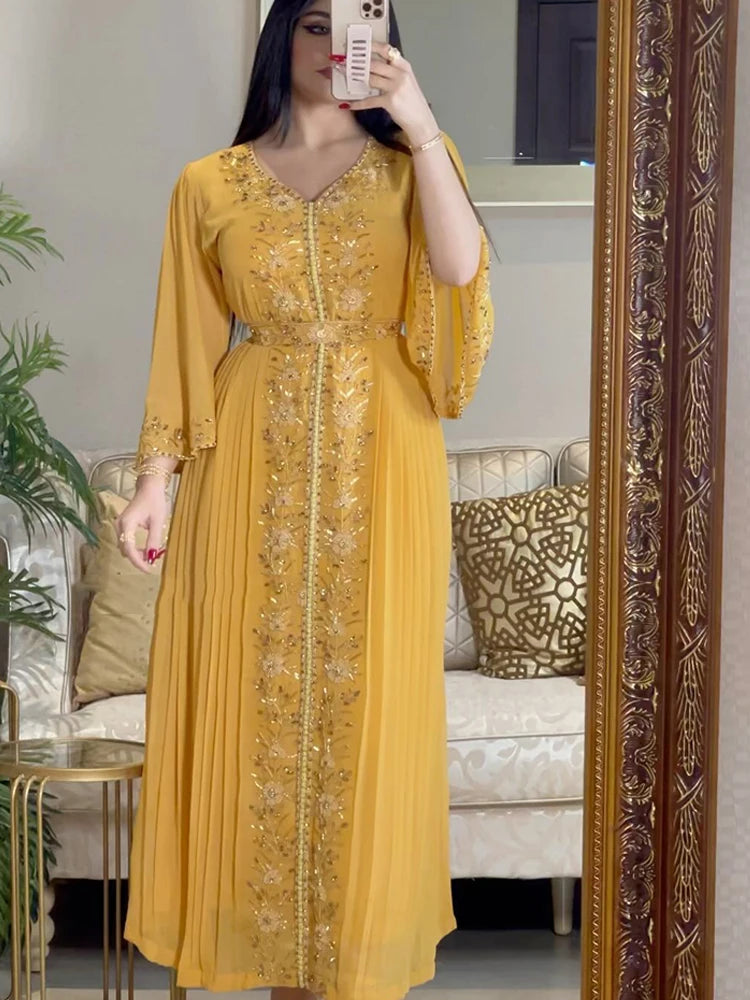 Diamond Embroidered Evening Kaftan – Belted Maxi Dress with Luxe Details