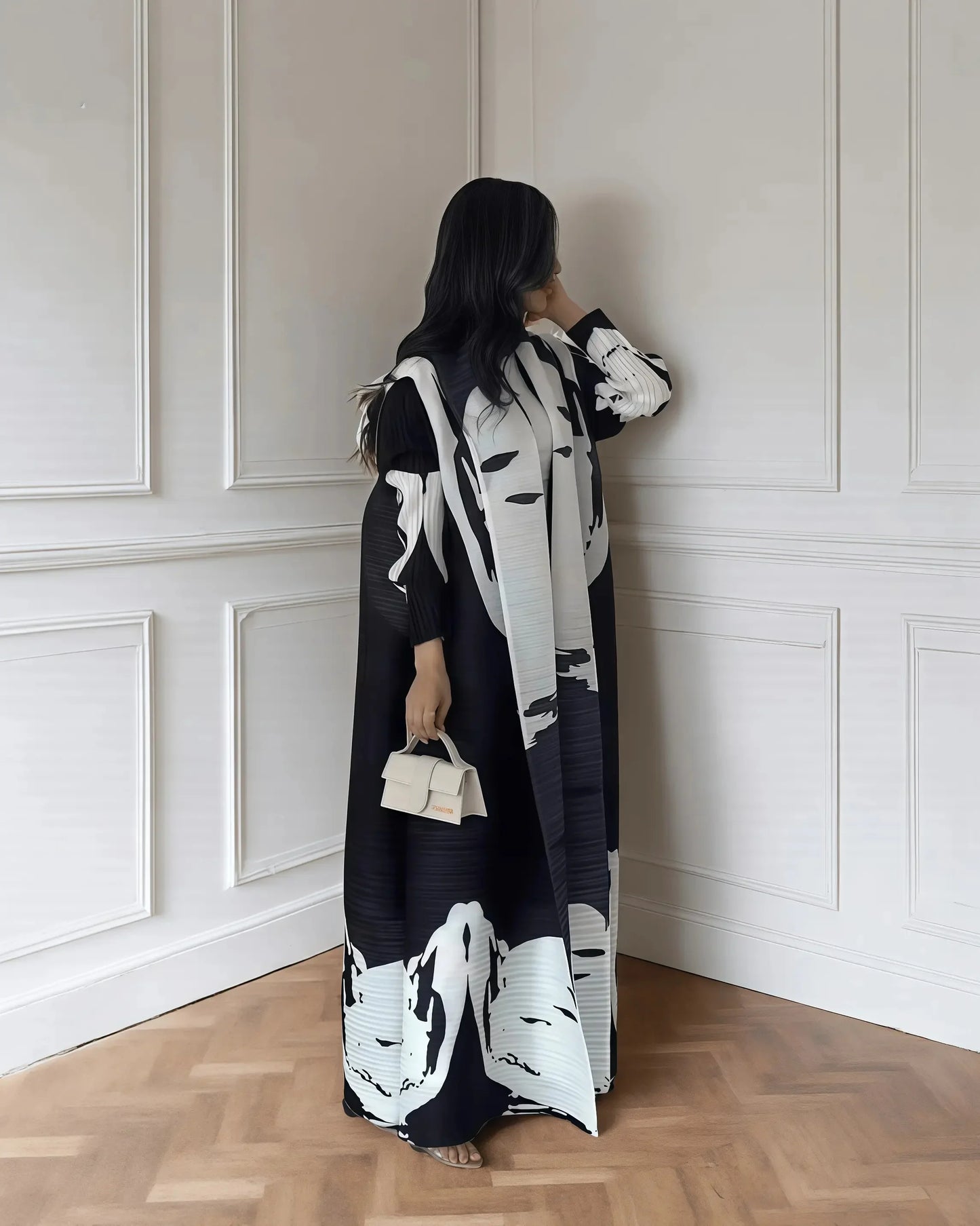 New Season Modest Long Coat – Printed Abaya Style with Waist Tie