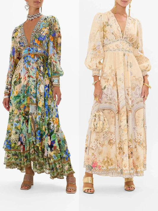 🌼 Boho Bubble Sleeve Maxi – Waist-Tied V-Neck Summer Dress