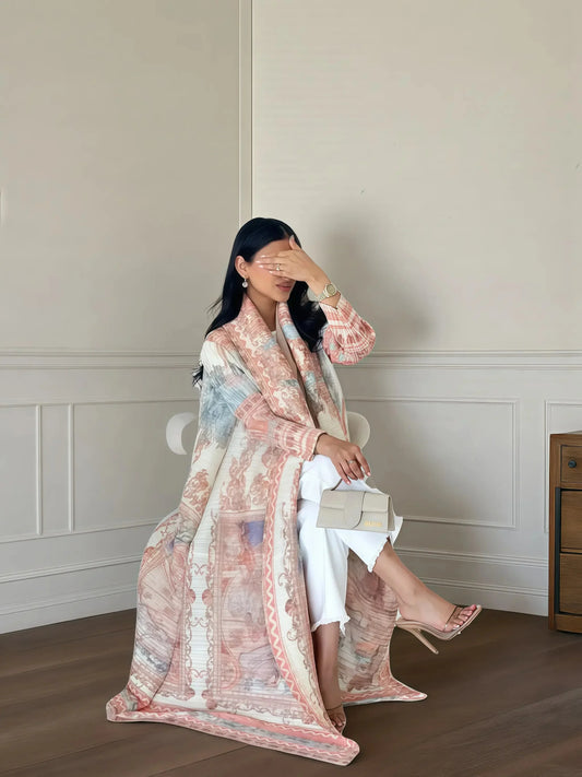 New Season Modest Long Coat – Printed Abaya Style with Waist Tie
