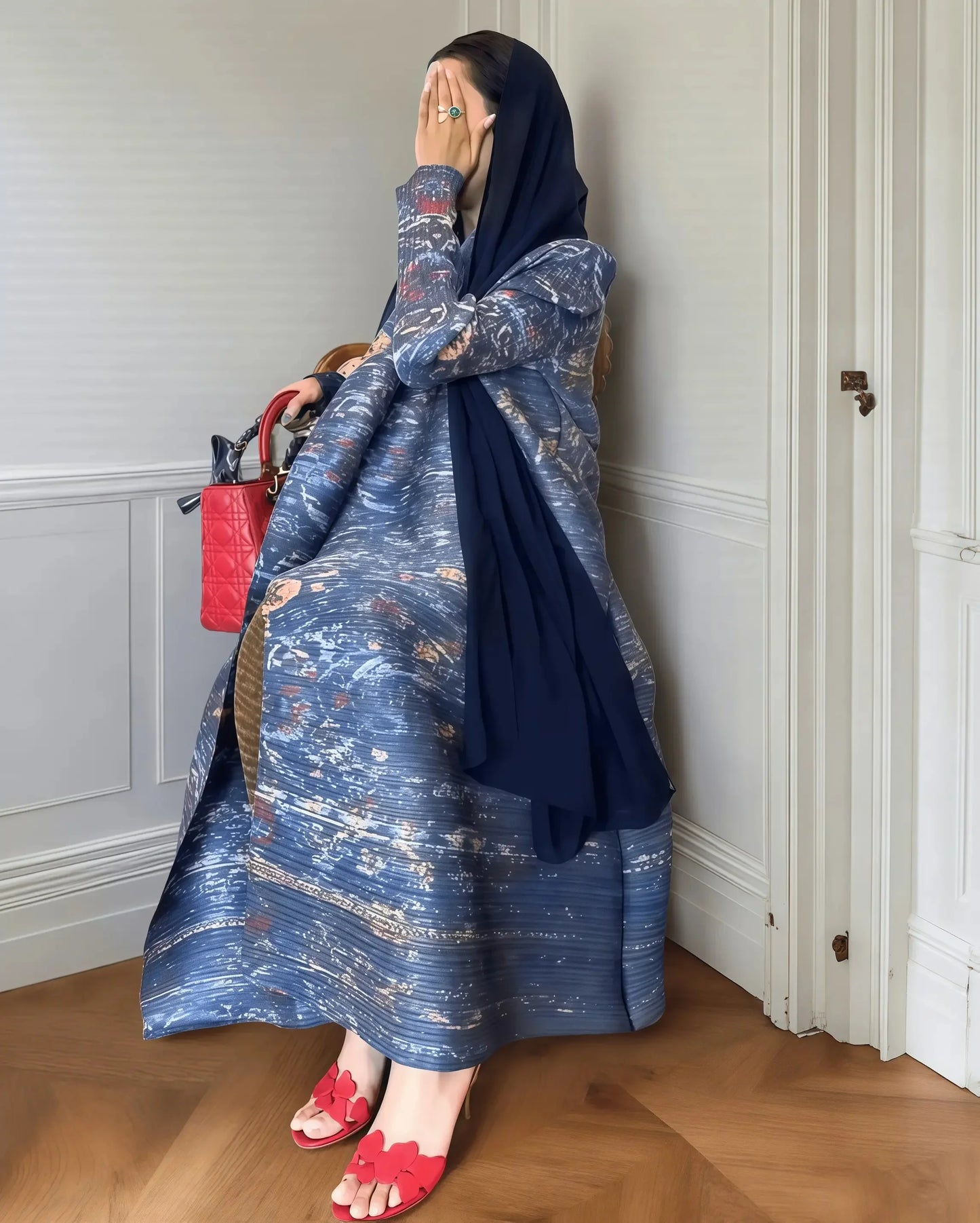 New Season Modest Long Coat – Printed Abaya Style with Waist Tie