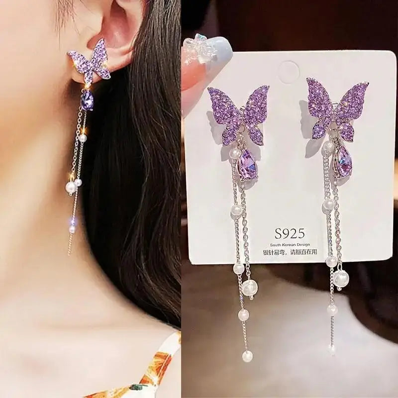 Elegant Butterfly Tassel Earrings – 925 Silver Sparkle