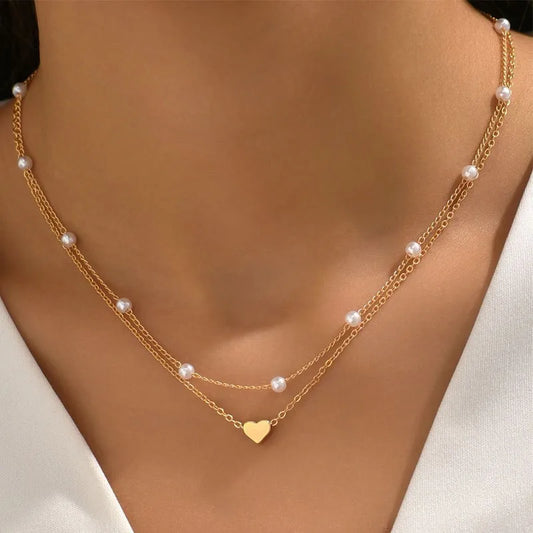 Double Layer Pearl Choker – Heart Pendant Necklace for Women