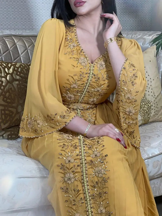 Diamond Embroidered Evening Kaftan – Belted Maxi Dress with Luxe Details