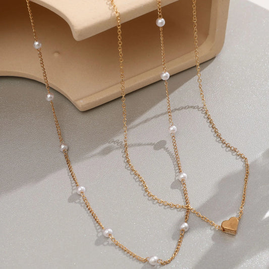 Double Layer Pearl Choker – Heart Pendant Necklace for Women