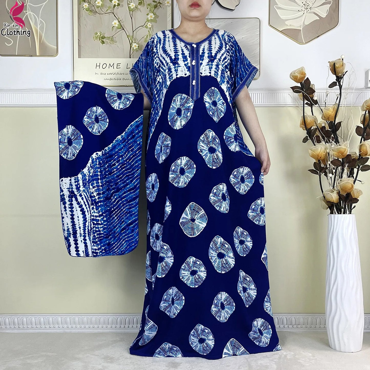 Zahra Cotton Abaya – Summer Dashiki Dress with Matching Scarf