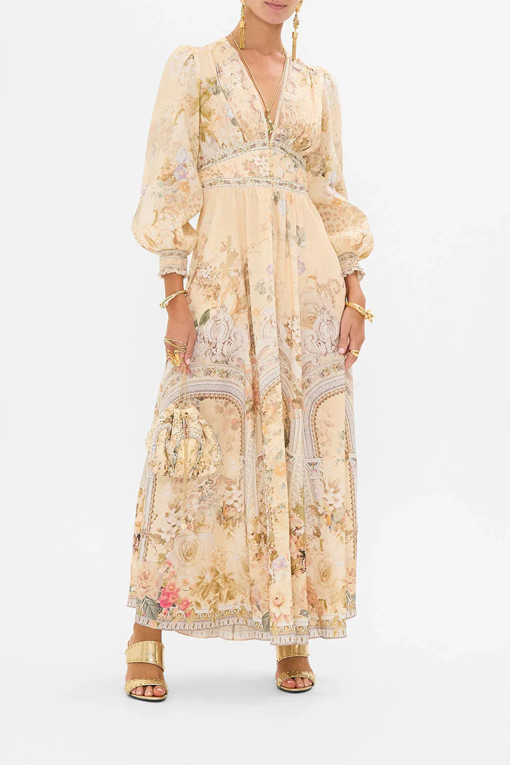 🌼 Boho Bubble Sleeve Maxi – Waist-Tied V-Neck Summer Dress