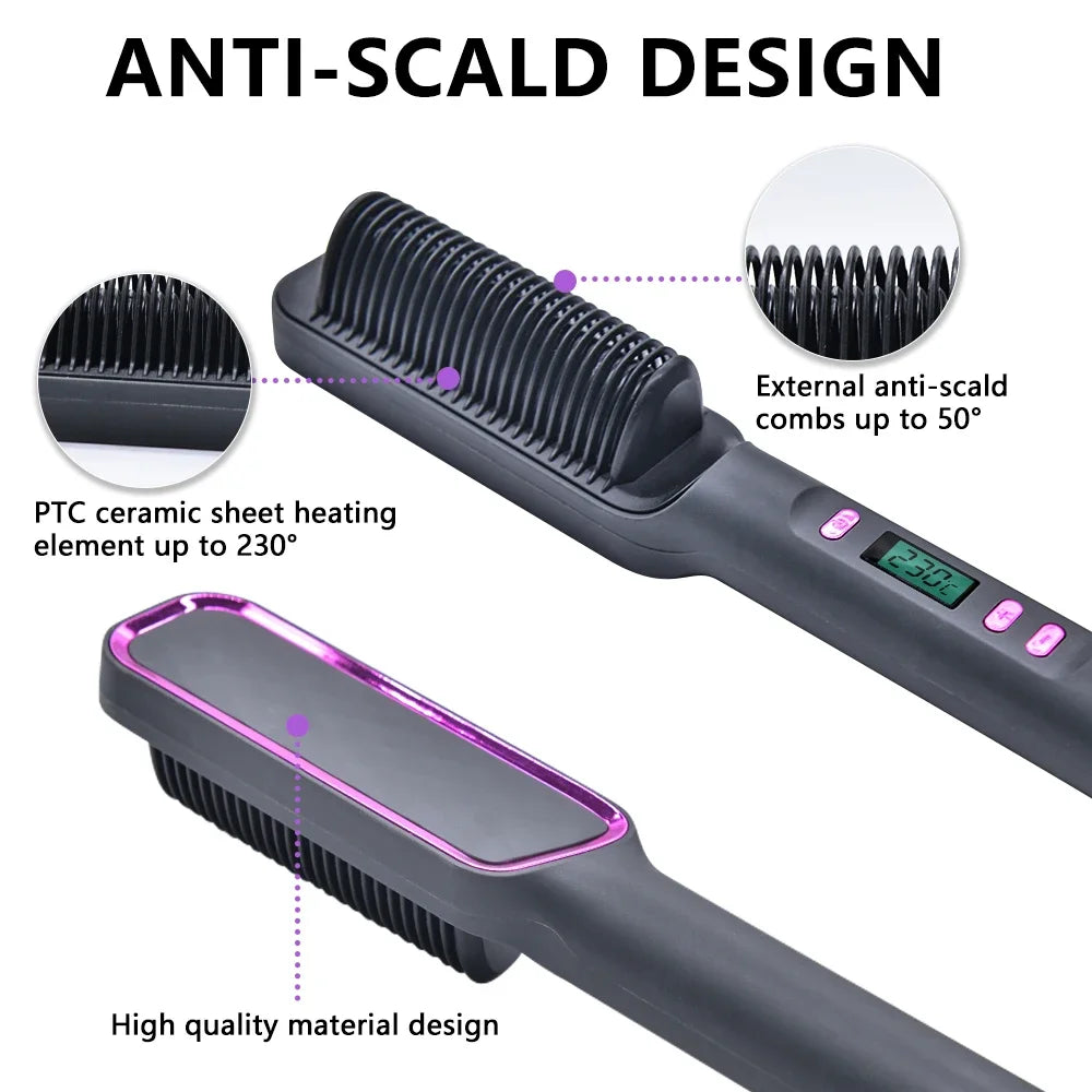 Hot Comb Hair Straightener Brush Anti-Scald, Ionic & Multifunctional
