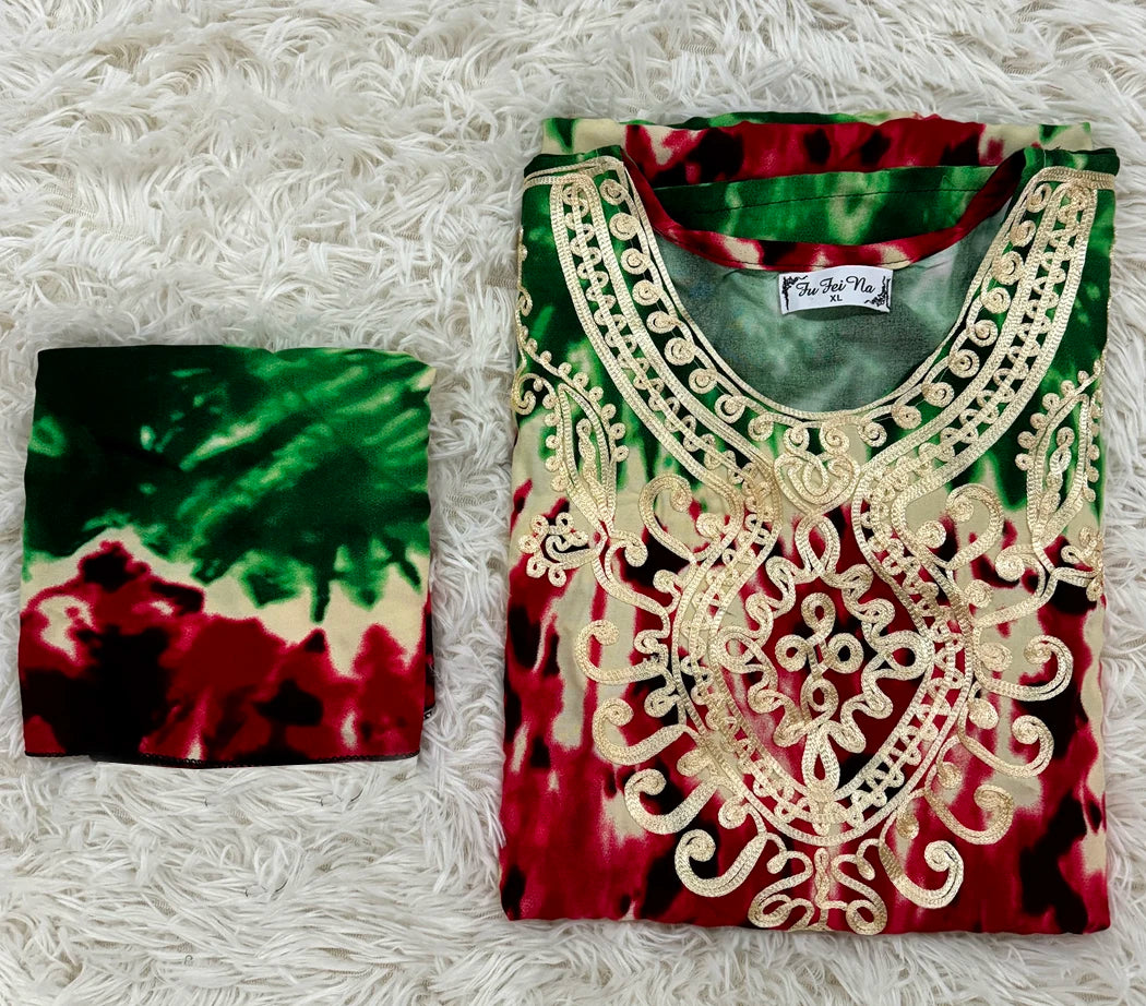 🌸 2024 Cotton Printed Caftan with Headscarf – Elegant & Effortless
