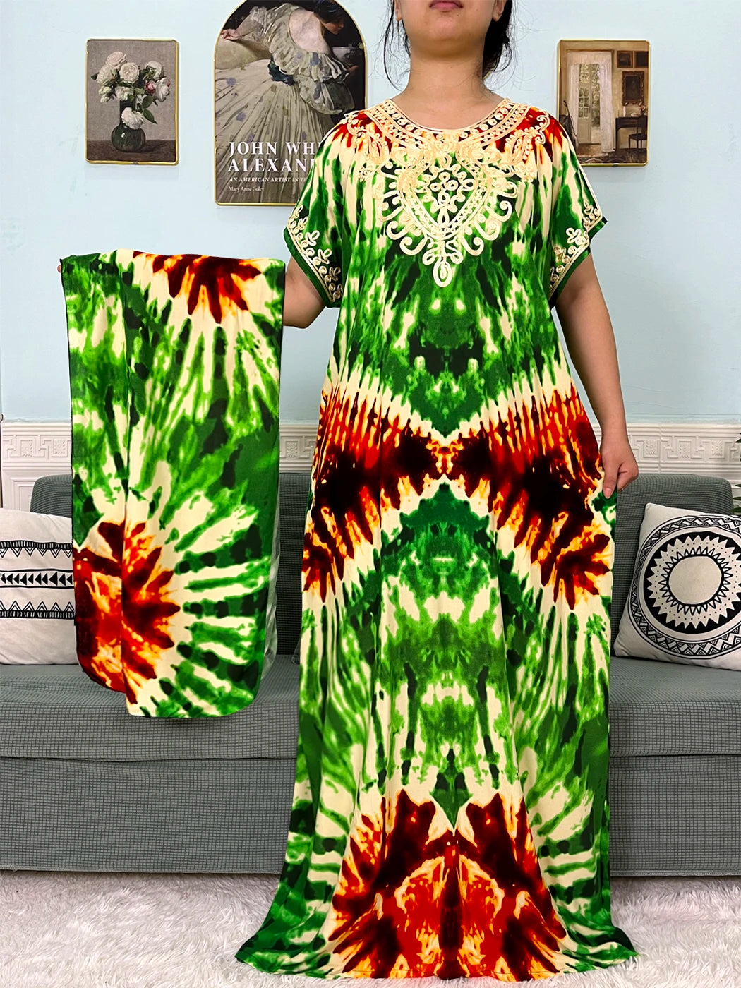 🌸 2024 Cotton Printed Caftan with Headscarf – Elegant & Effortless