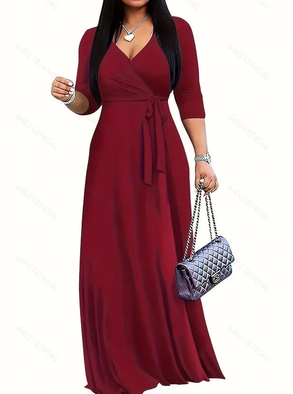 🌸 Boho Floral Maxi Dress – V-Neck, 3/4 Sleeve & Beachy Elegance