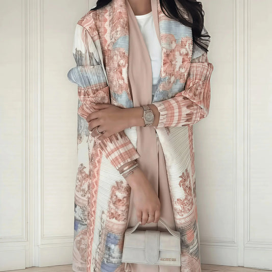 New Season Modest Long Coat – Printed Abaya Style with Waist Tie