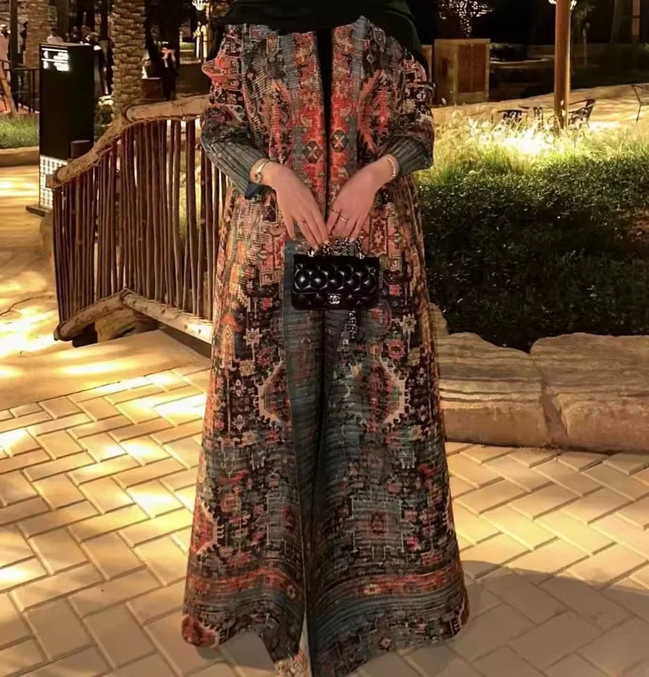New Season Modest Long Coat – Printed Abaya Style with Waist Tie