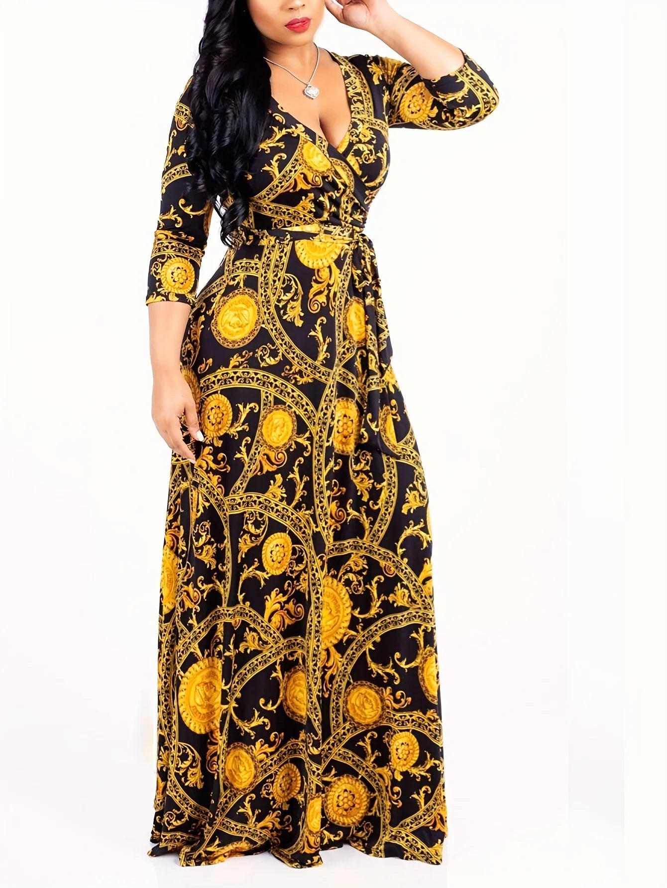 🌸 Boho Floral Maxi Dress – V-Neck, 3/4 Sleeve & Beachy Elegance