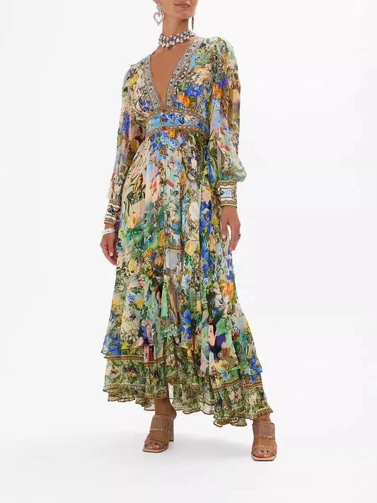 🌼 Boho Bubble Sleeve Maxi – Waist-Tied V-Neck Summer Dress
