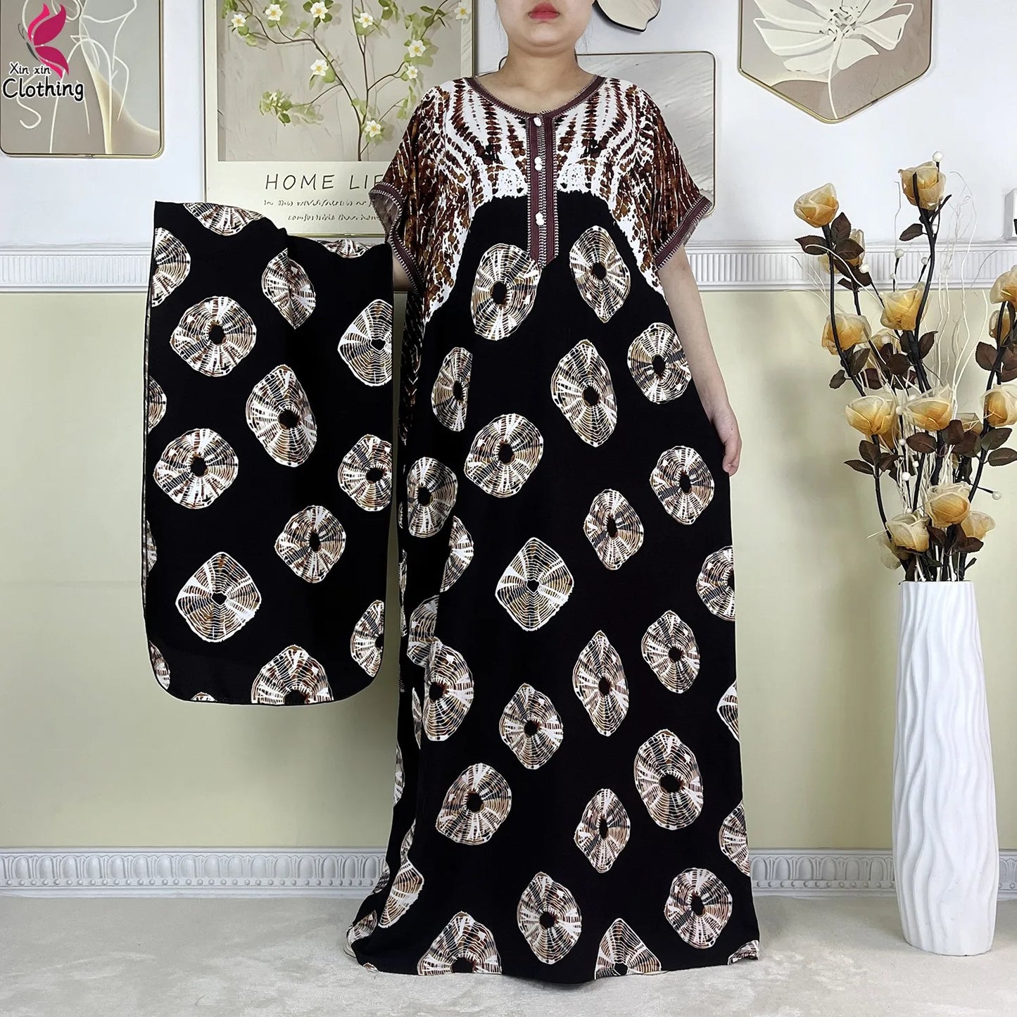 Zahra Cotton Abaya – Summer Dashiki Dress with Matching Scarf