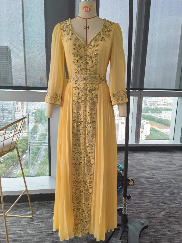 Diamond Embroidered Evening Kaftan – Belted Maxi Dress with Luxe Details