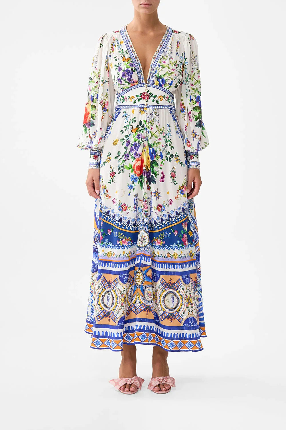 🌼 Boho Bubble Sleeve Maxi – Waist-Tied V-Neck Summer Dress
