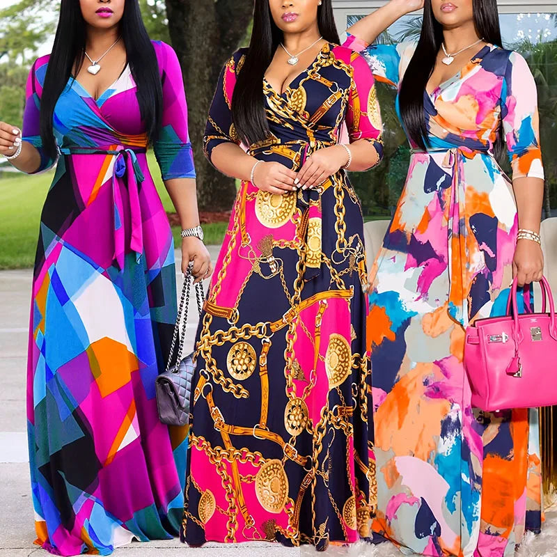 🌸 Boho Floral Maxi Dress – V-Neck, 3/4 Sleeve & Beachy Elegance