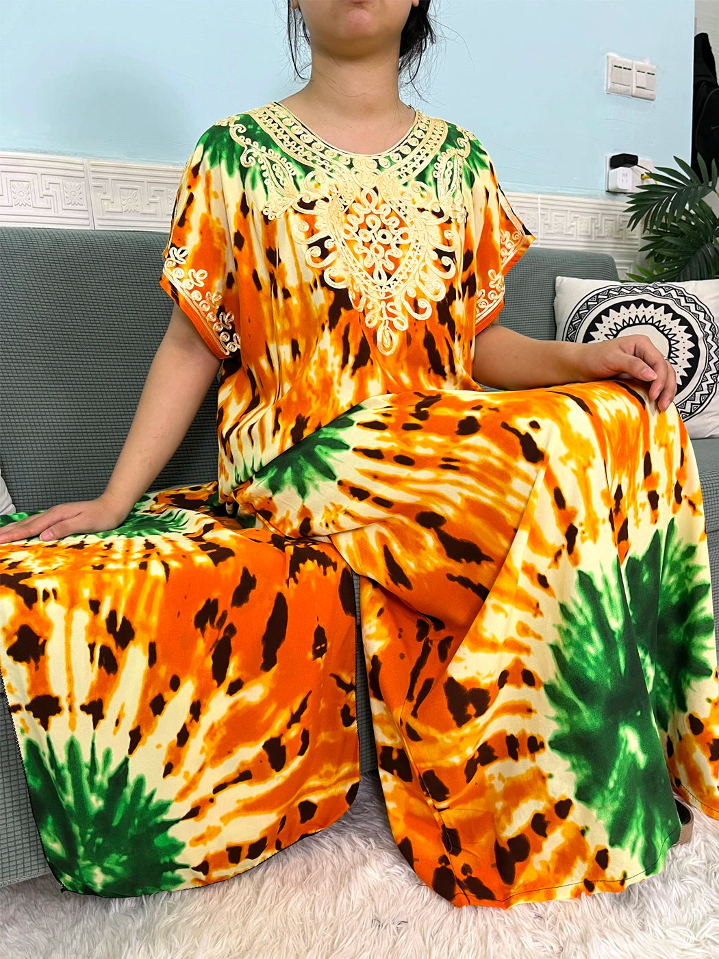 🌸 2024 Cotton Printed Caftan with Headscarf – Elegant & Effortless
