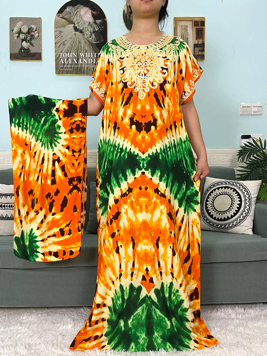 🌸 2024 Cotton Printed Caftan with Headscarf – Elegant & Effortless