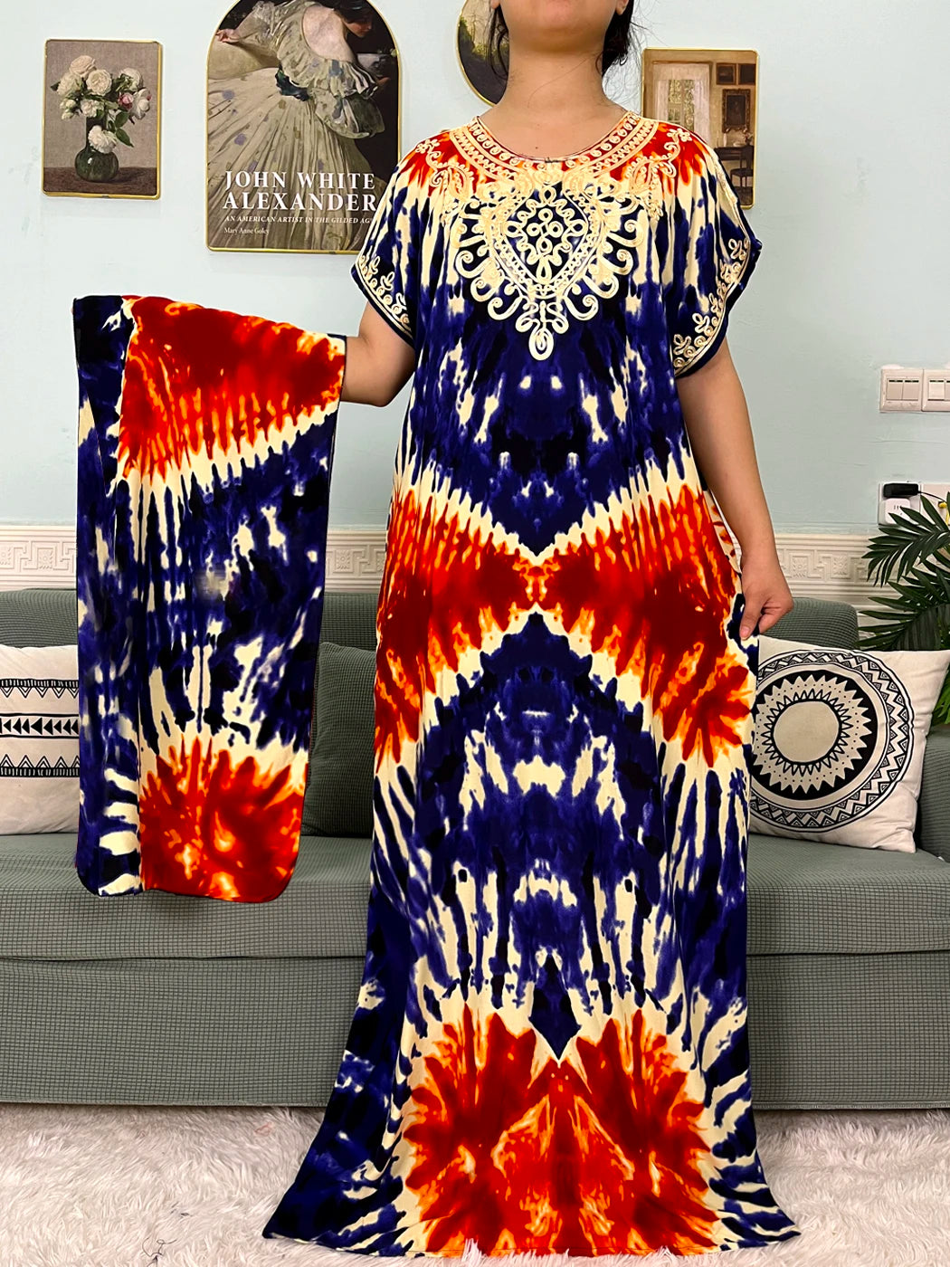 🌸 2024 Cotton Printed Caftan with Headscarf – Elegant & Effortless