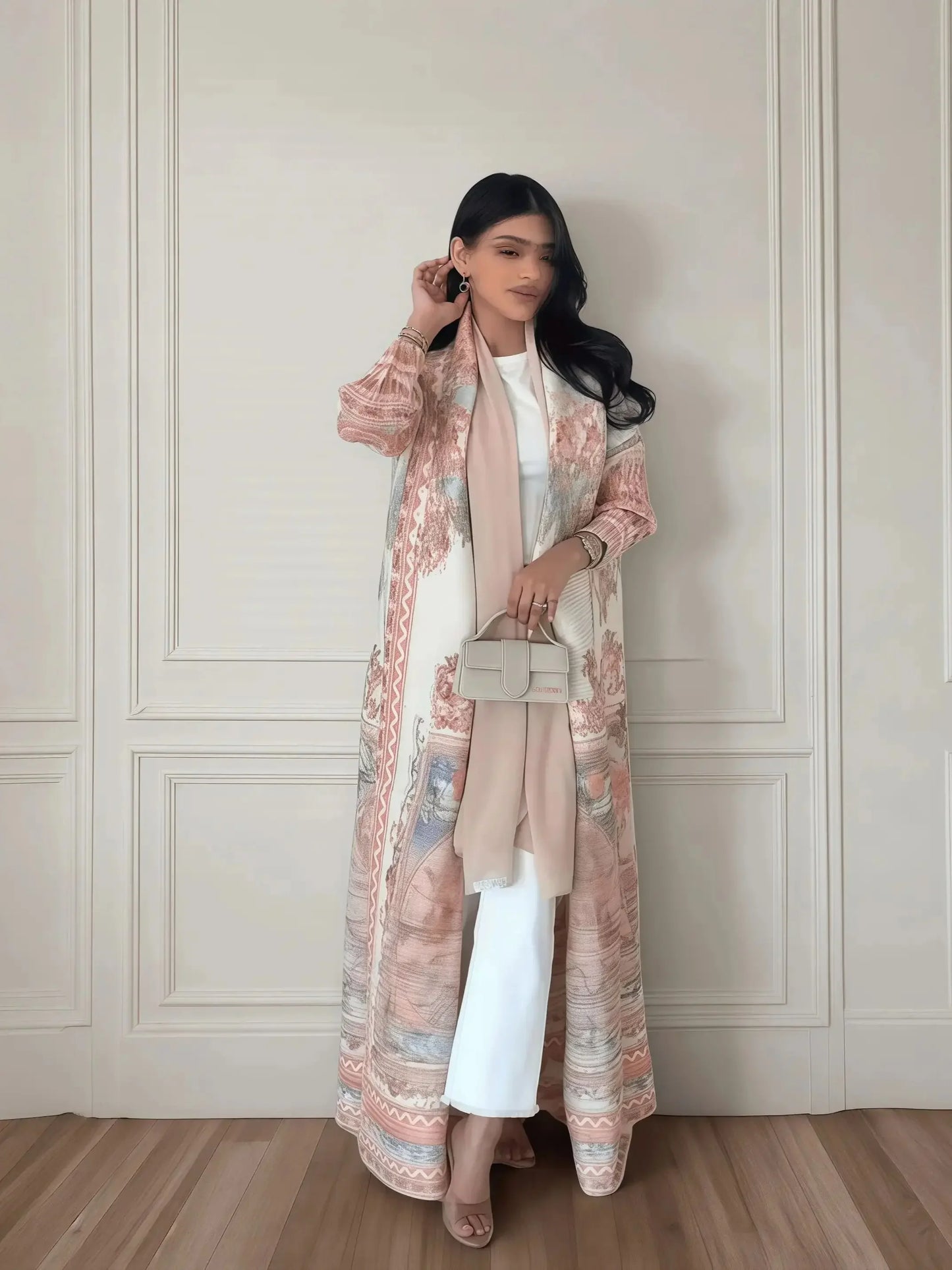 New Season Modest Long Coat – Printed Abaya Style with Waist Tie