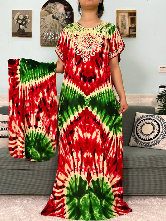 🌸 2024 Cotton Printed Caftan with Headscarf – Elegant & Effortless