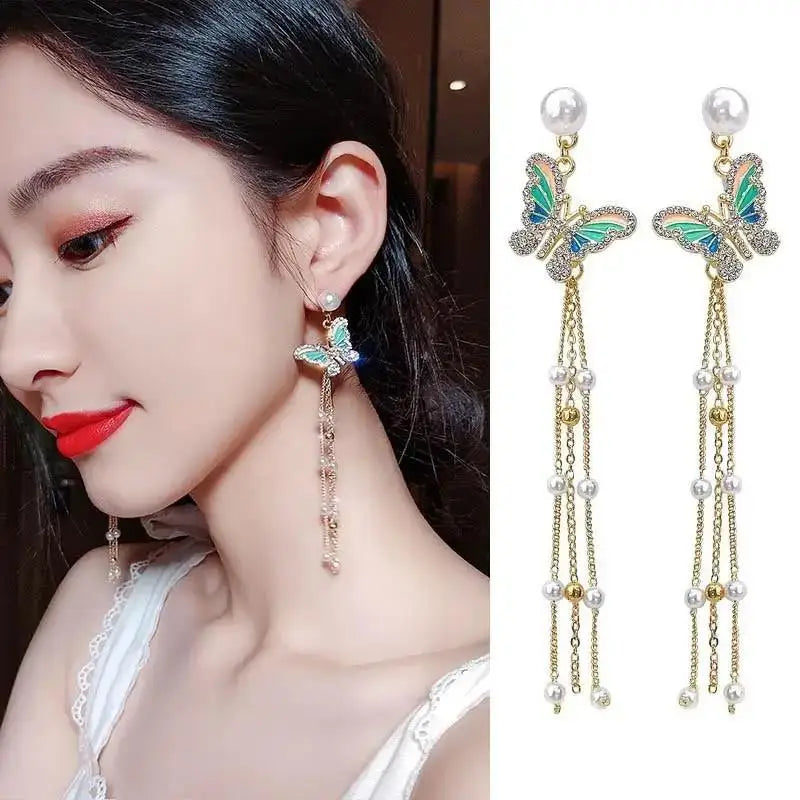 Elegant Butterfly Tassel Earrings – 925 Silver Sparkle