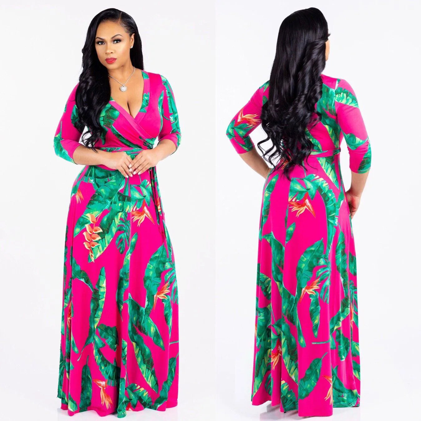 🌸 Boho Floral Maxi Dress – V-Neck, 3/4 Sleeve & Beachy Elegance